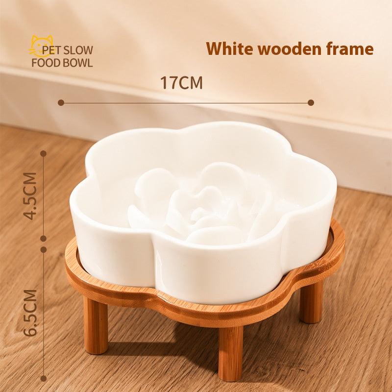 Ceramic Slow Food Bowl anti-choke cat food bowl prevent black chin small dog cat neck protection with wooden frame slow food bowl - NoKa&AuroraStone