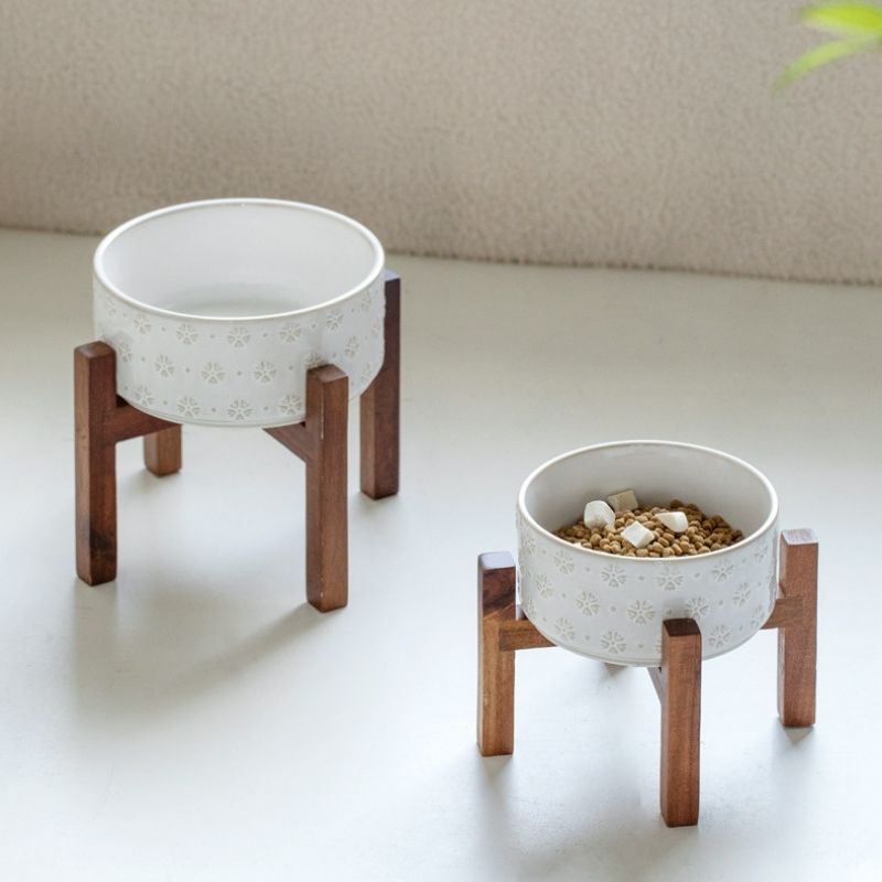 Acacia Wood Base Embossed Pet Bowl | Oriental Aesthetic, Friendly for Small & Medium Pets