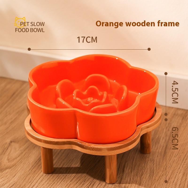 Ceramic Slow Food Bowl anti-choke cat food bowl prevent black chin small dog cat neck protection with wooden frame slow food bowl - NoKa&AuroraStone