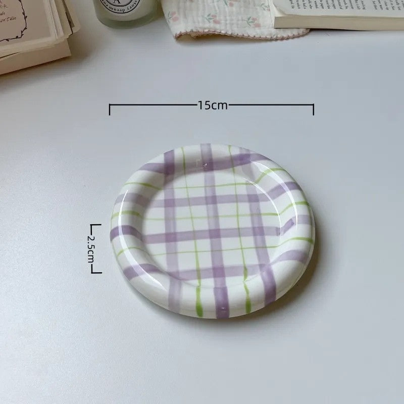 Plaid Ceramic Cat Dish – Available in Four Colors, Easy to Clean, Non-Slip Design