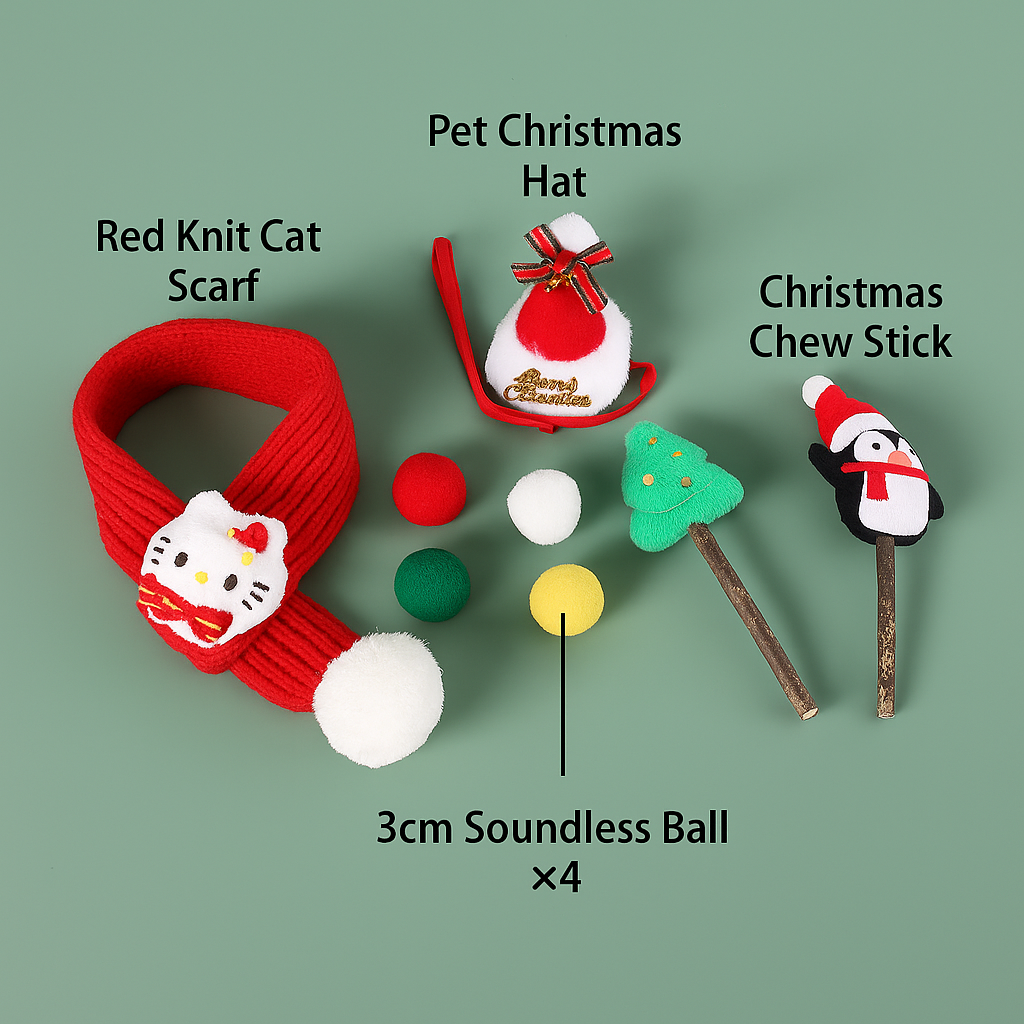 5pcs Christmas Pet Scarf & Hat Gift Set – Holiday Plush Outfit for Cats & Small Dogs