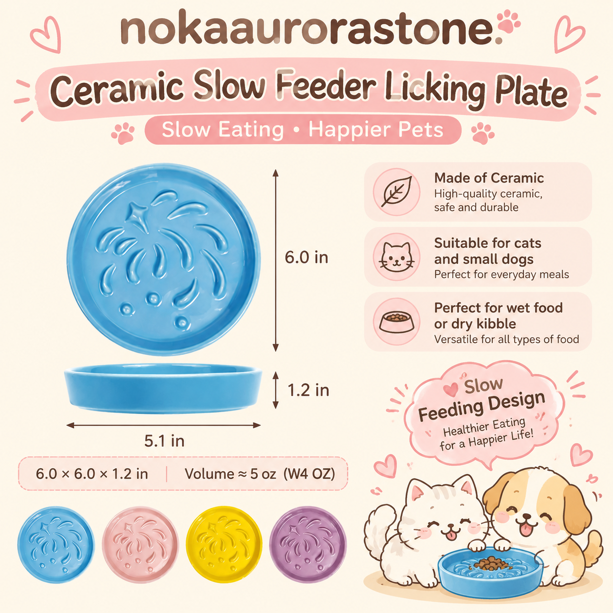 6-Inch Ceramic Slow Feeder Plate – For Cats & Small Dogs – view 2