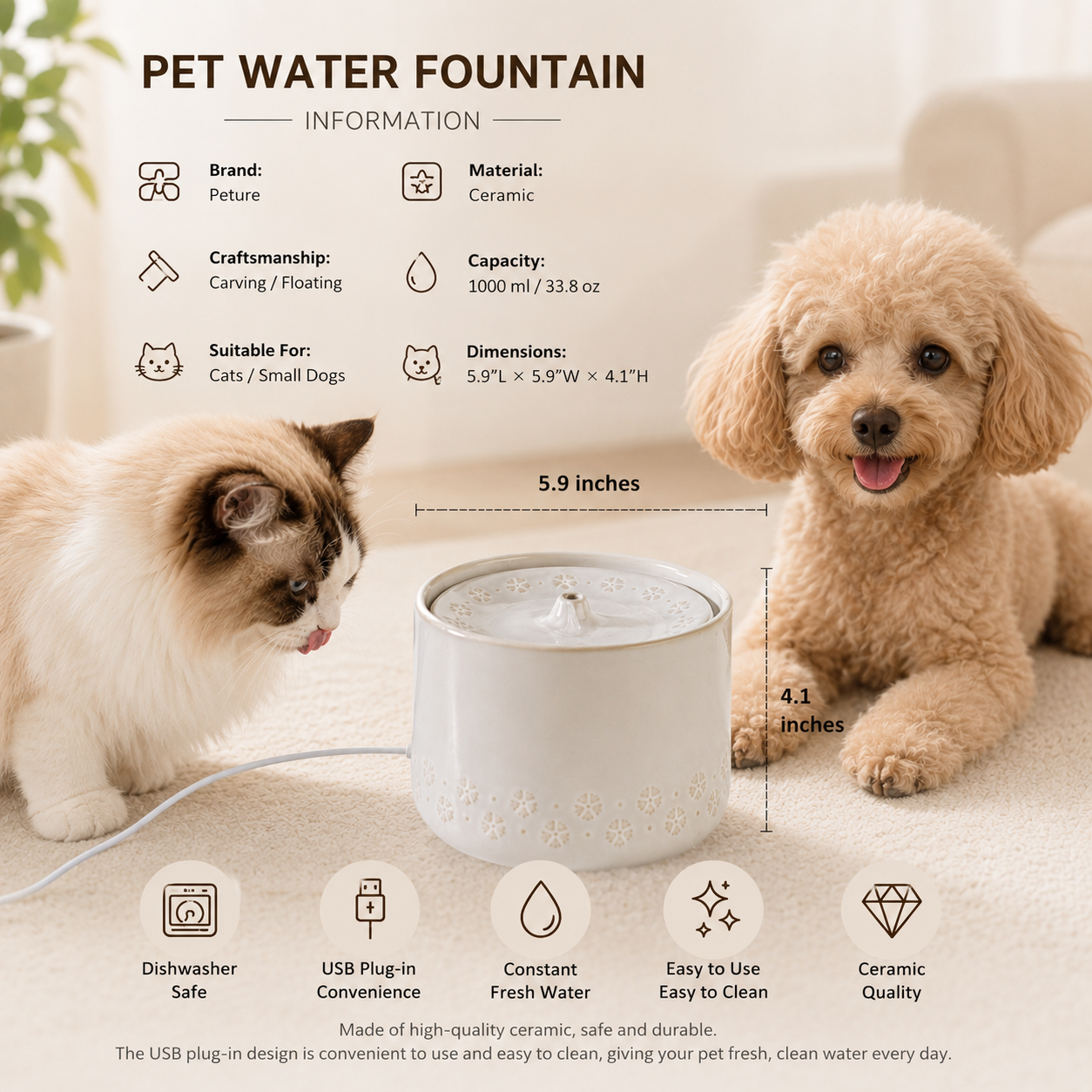 Ceramic Pet Water Fountain – Automatic Drinking Fountain for Cats & Small Dogs