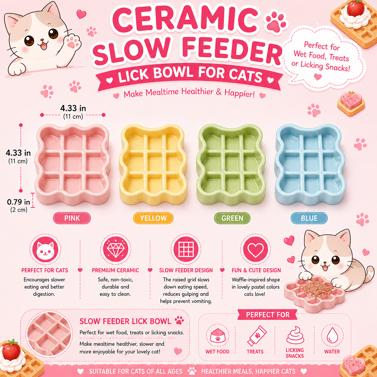 4-Inch Waffle Ceramic Slow Feeder Plate for Cats – Interactive Lick & Feeding Dish