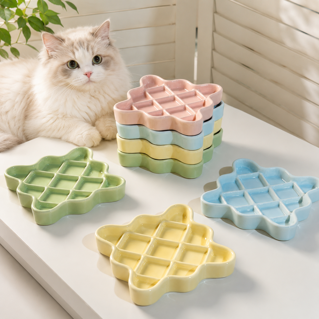 4-Inch Waffle Ceramic Slow Feeder Plate for Cats – Interactive Lick & Feeding Dish