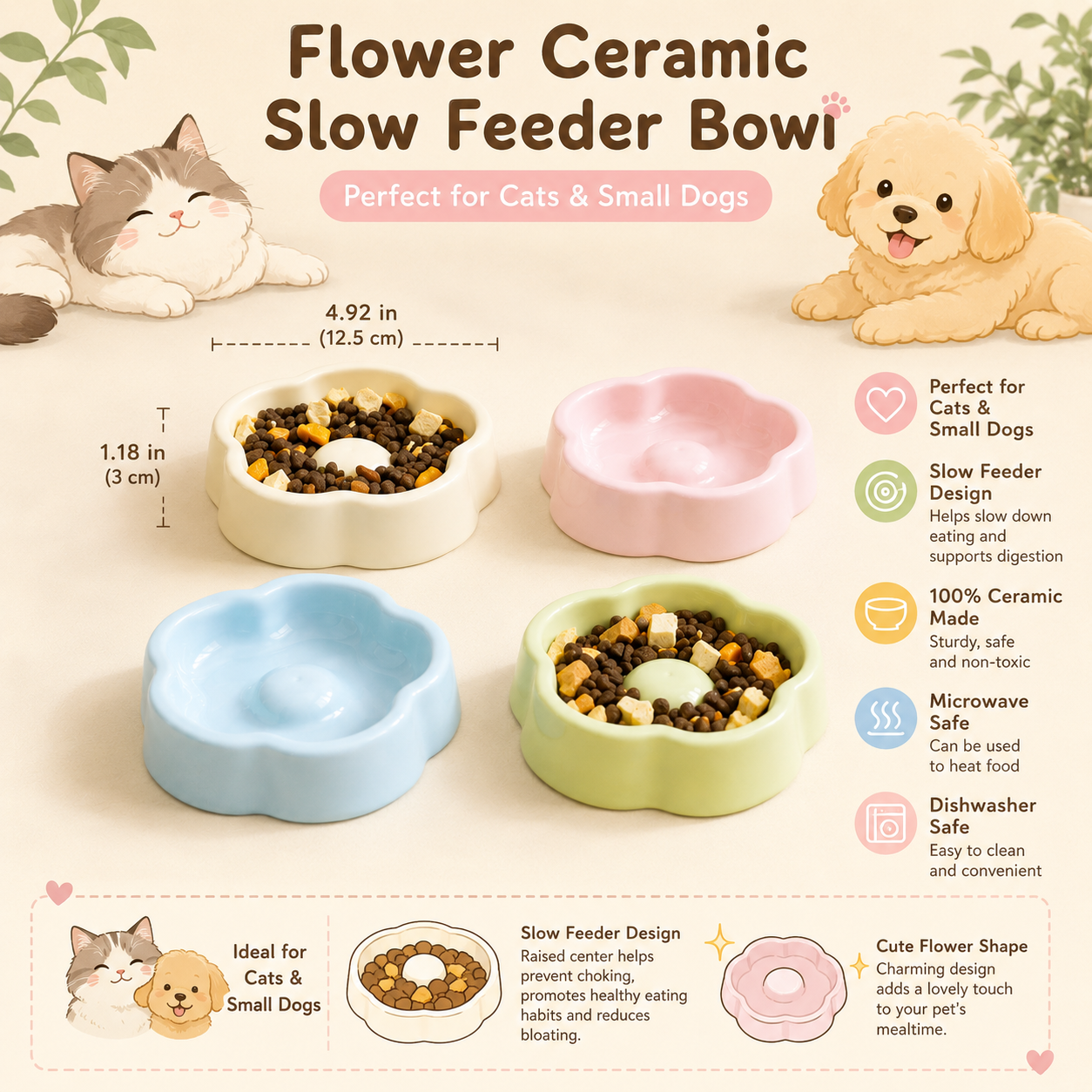 Ceramic Slow Feeder Bowl for Cats & Small Dogs