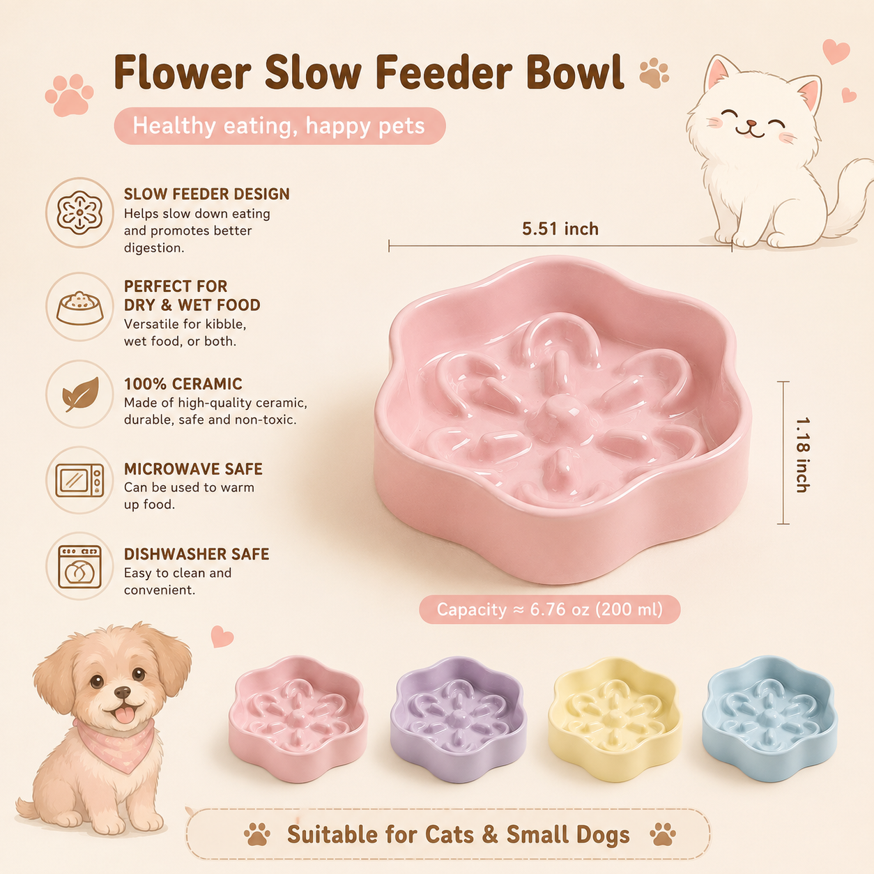Ceramic Slow Feeder Bowl for Cats & Small Dogs – Low-Difficulty Slow Feeding Bowl