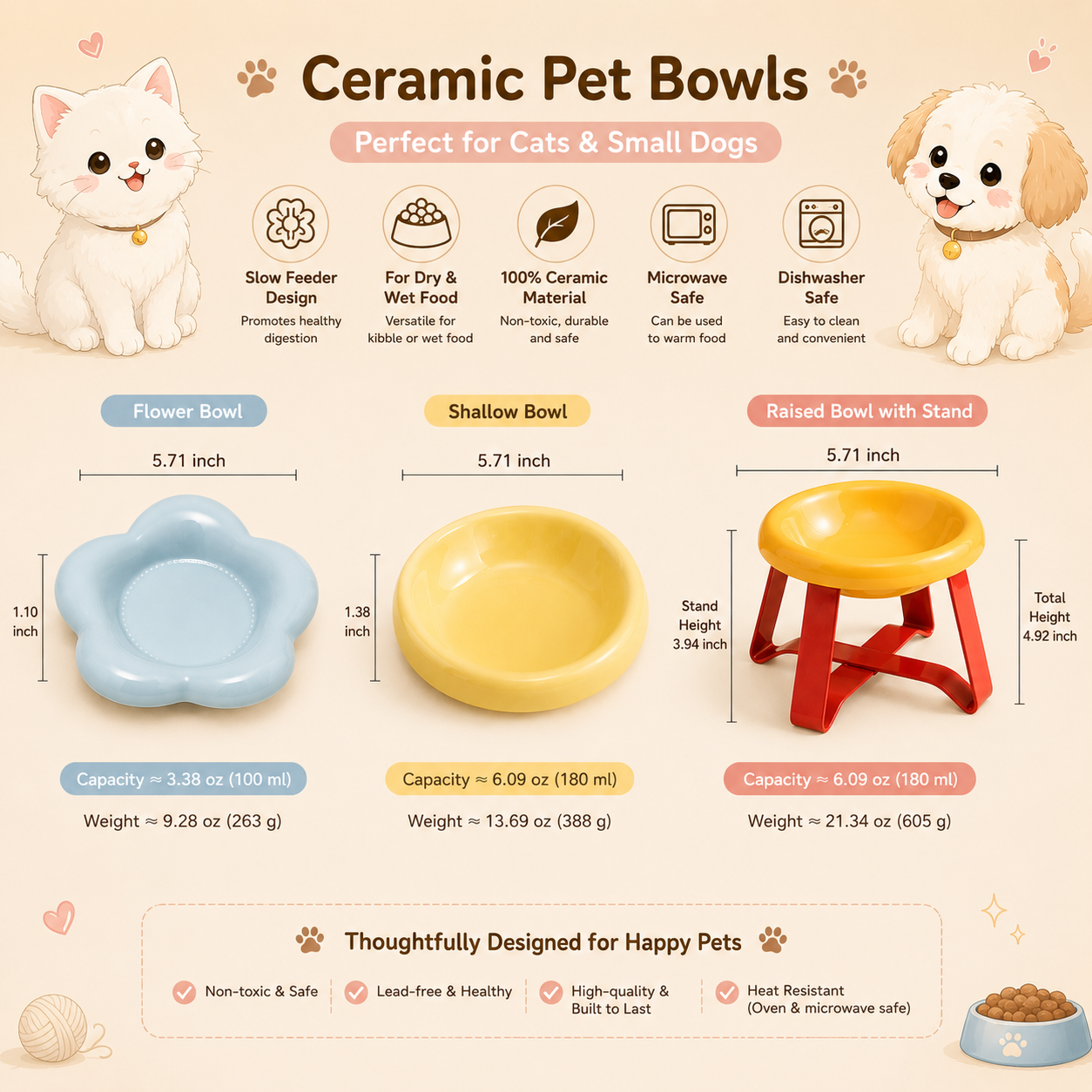 6-Inch Ceramic Pet Plate for Cats & Small Dogs – Compatible with Elevated Wooden Stands