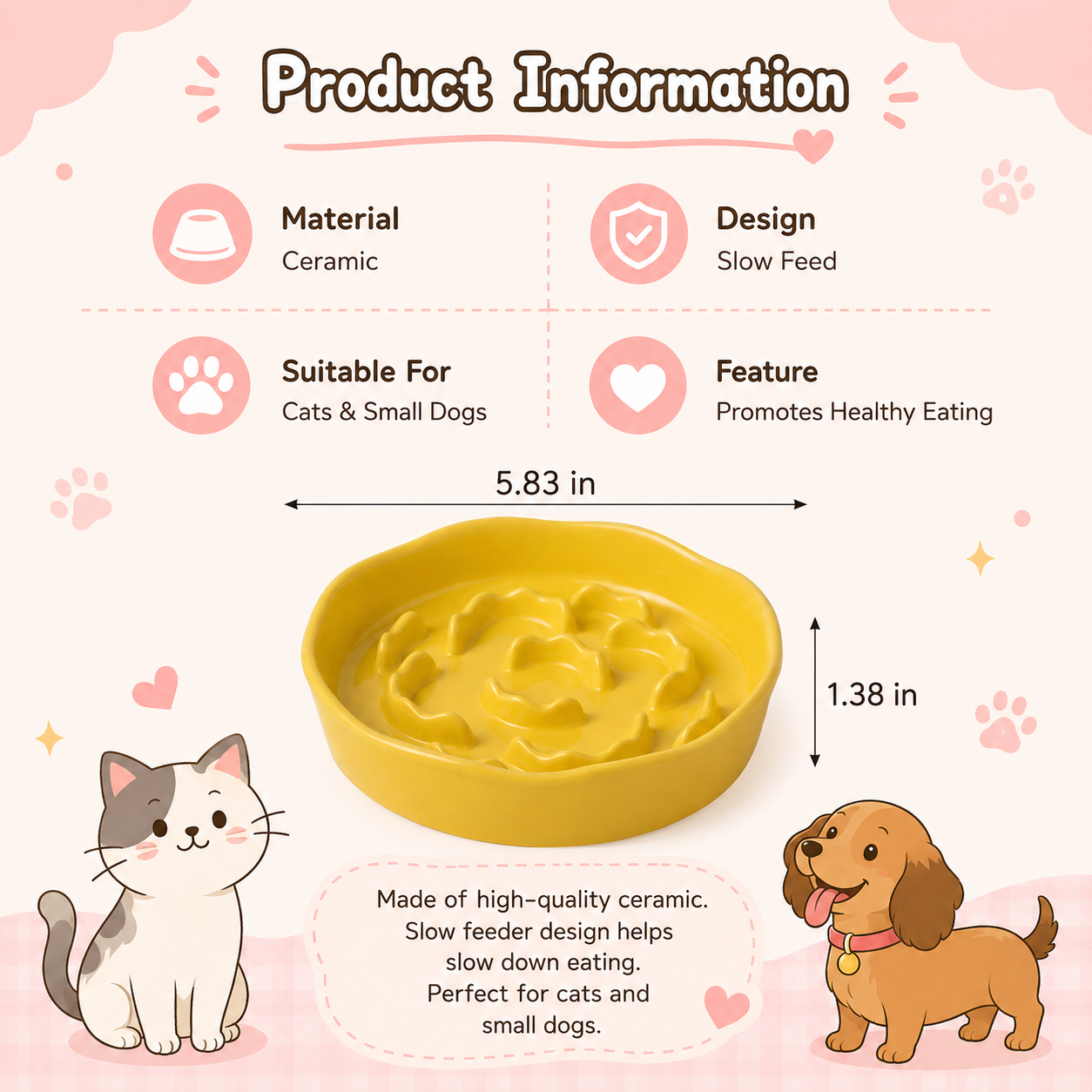 6-Inch Ceramic Slow Feeder Bowl for Cats & Small Dogs
