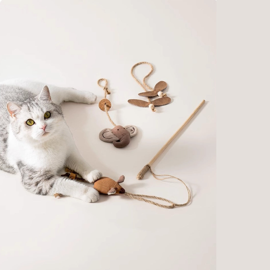 4pcs Cat Teaser Wand Set with Catnip Chew Toys – Handmade Cotton-Linen Natural Material