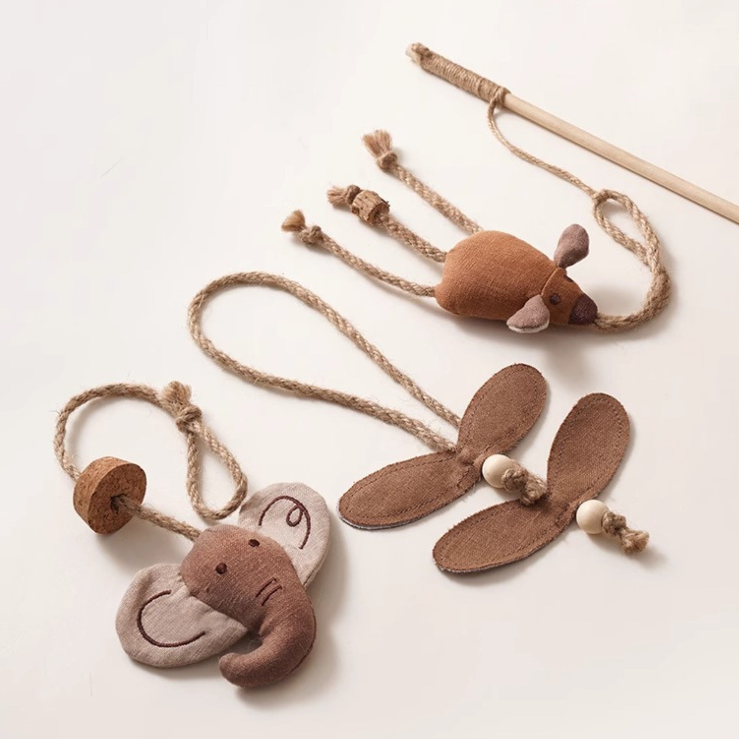 4pcs Cat Teaser Wand Set with Catnip Chew Toys – Handmade Cotton-Linen Natural Material
