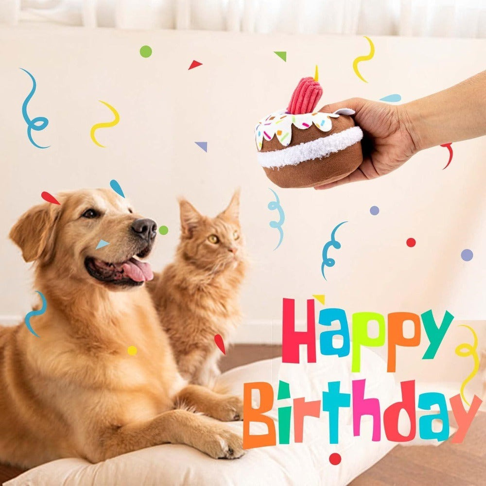 Pet Birthday Cake Squeaky Plush Toy – Durable & Chew-Friendly