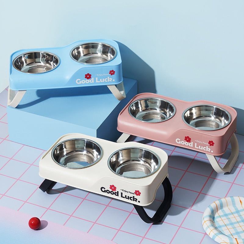 Asymmetric Elevated Stainless Steel Dual Bowl –  Dogs & Cats