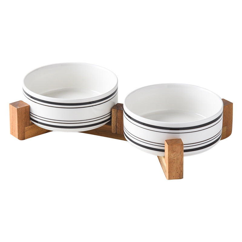 Stylish Ceramic Pet Bowl on Wooden Stand – Modern Line Design