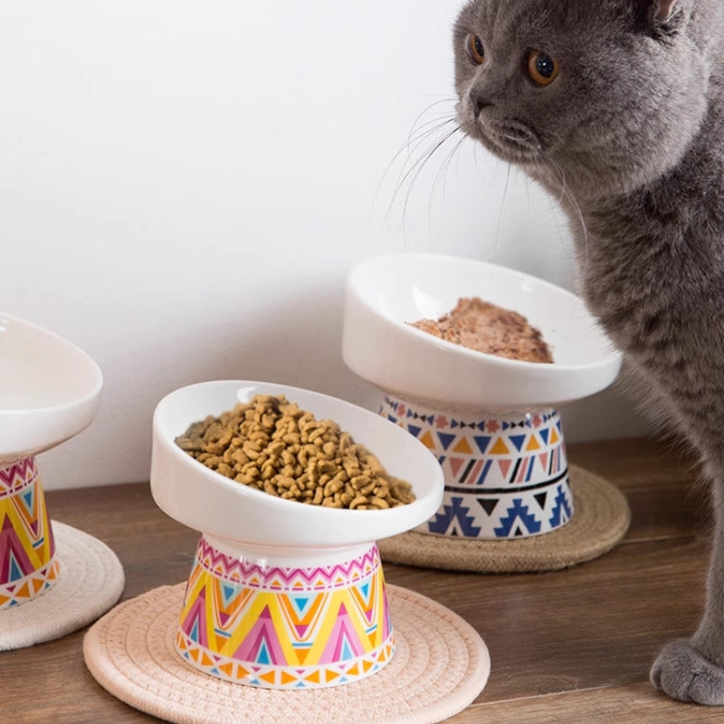 Ceramic Elevated Tilted Pet Bowl – Wide Mouth Anti-Slip Design for Cats & Small Dogs, Protects Neck & Joints