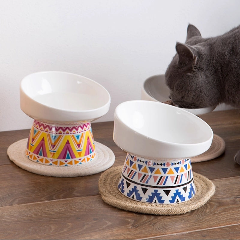 Ceramic Elevated Tilted Pet Bowl – Wide Mouth Anti-Slip Design for Cats & Small Dogs, Protects Neck & Joints