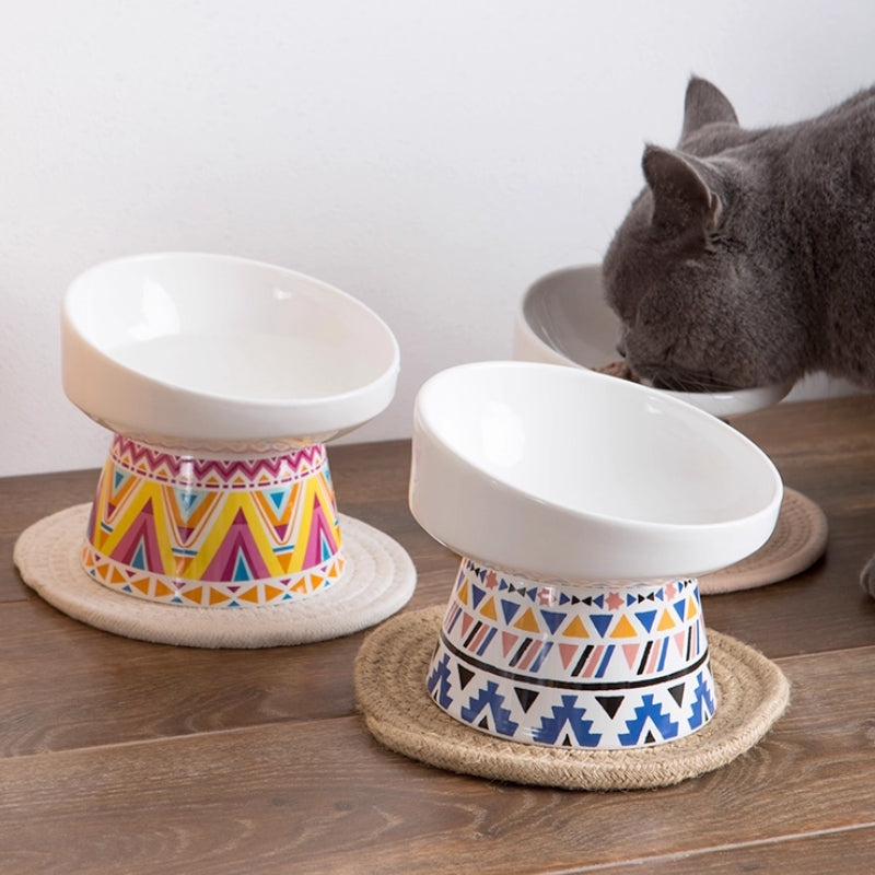 Ceramic Elevated Tilted Pet Bowl – Wide Mouth Anti-Slip Design for Cats & Small Dogs, Protects Neck & Joints