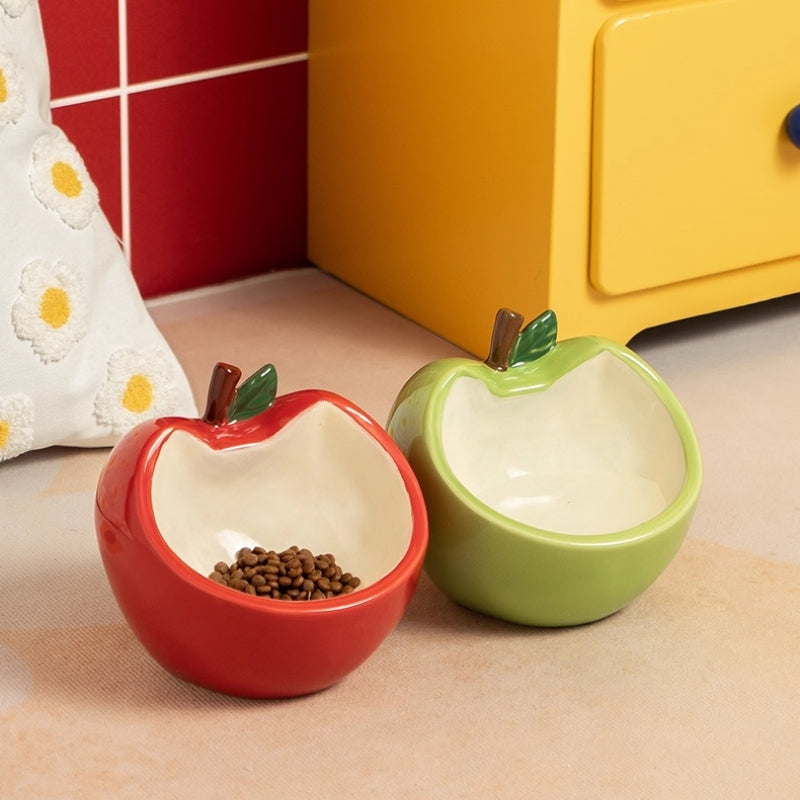 Apple-Shaped Ceramic Cat Bowl – Cute Wide-Mouth Pet Feeder with Anti-Spill & Neck Protection