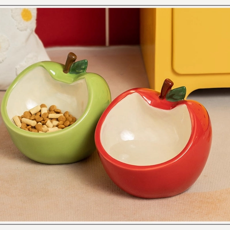 Apple-Shaped Ceramic Cat Bowl – Cute Wide-Mouth Pet Feeder with Anti-Spill & Neck Protection