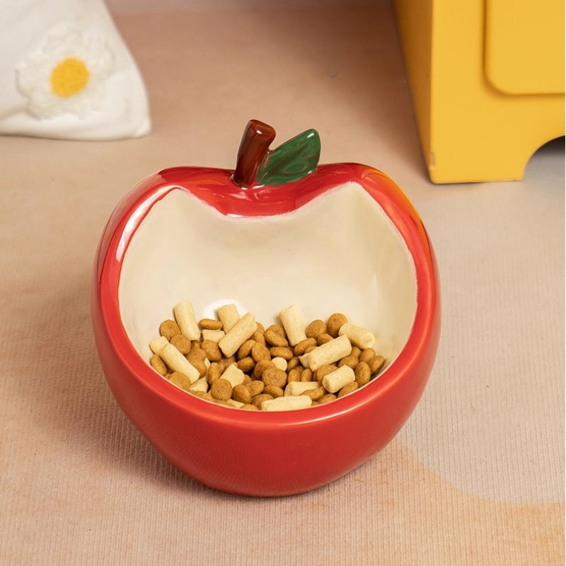 Apple-Shaped Ceramic Cat Bowl – Cute Wide-Mouth Pet Feeder with Anti-Spill & Neck Protection