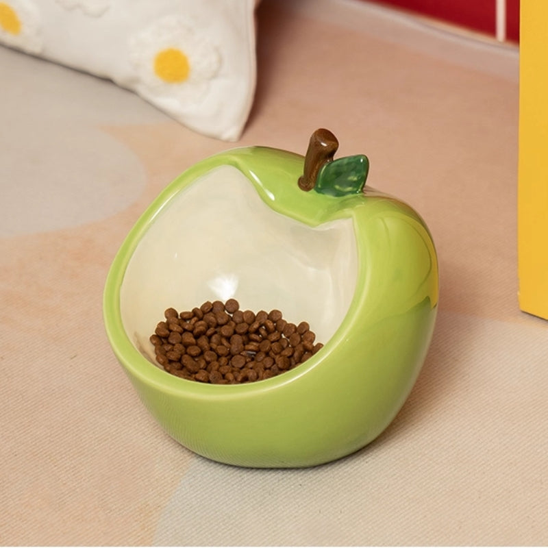 Apple-Shaped Ceramic Cat Bowl – Cute Wide-Mouth Pet Feeder with Anti-Spill & Neck Protection