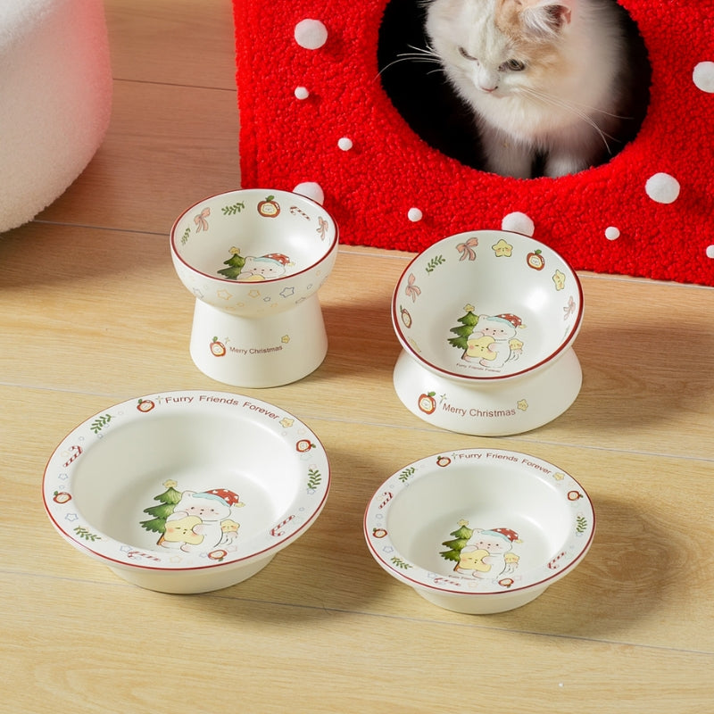 Christmas Ceramic Pet Bowl – Elevated Anti-Spill Feeder for Cats & Small Dogs (Holiday Edition)