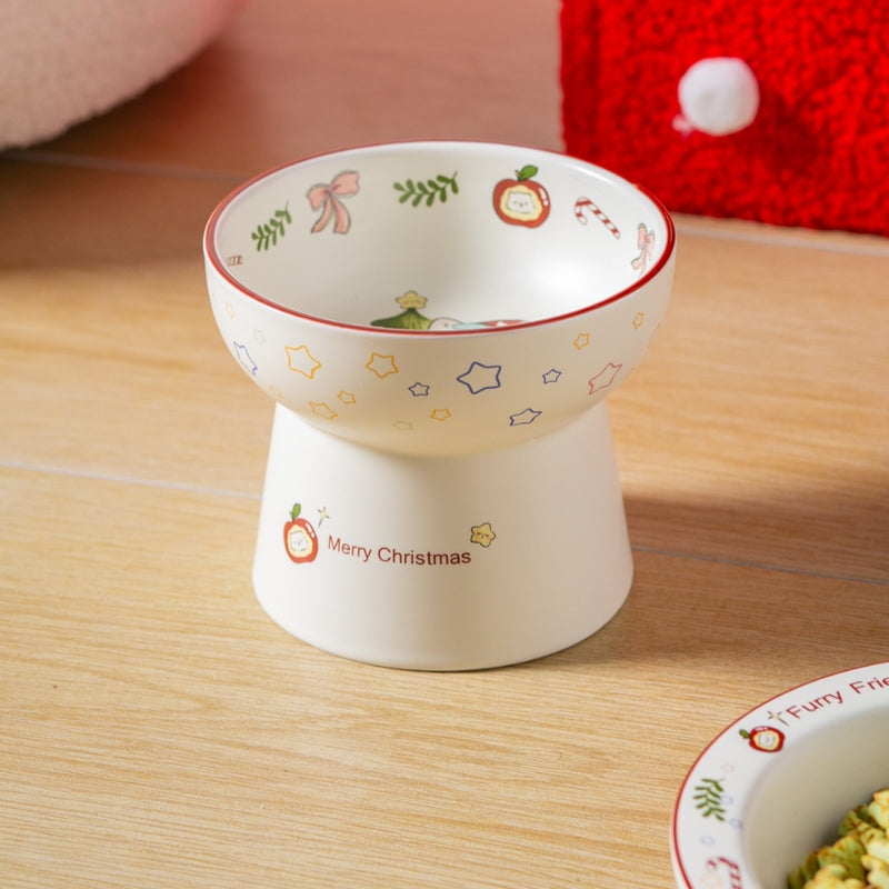Christmas Ceramic Pet Bowl – Elevated Anti-Spill Feeder for Cats & Small Dogs (Holiday Edition)