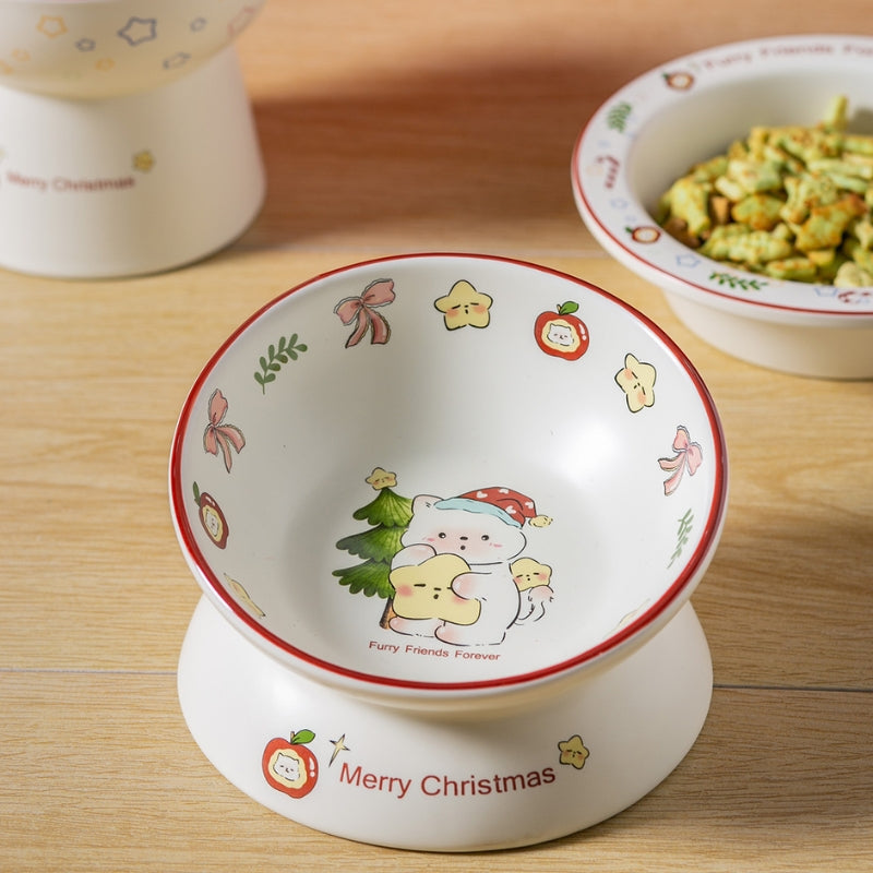 Christmas Ceramic Pet Bowl – Elevated Anti-Spill Feeder for Cats & Small Dogs (Holiday Edition)