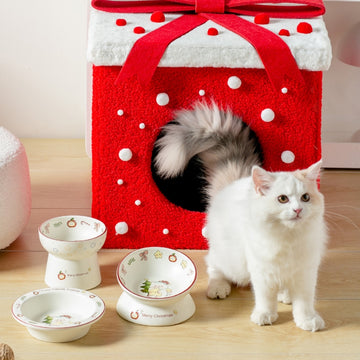 Christmas Ceramic Pet Bowl – Elevated Anti-Spill Feeder for Cats & Small Dogs (Holiday Edition)