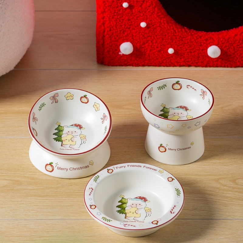 Christmas Ceramic Pet Bowl – Elevated Anti-Spill Feeder for Cats & Small Dogs (Holiday Edition)