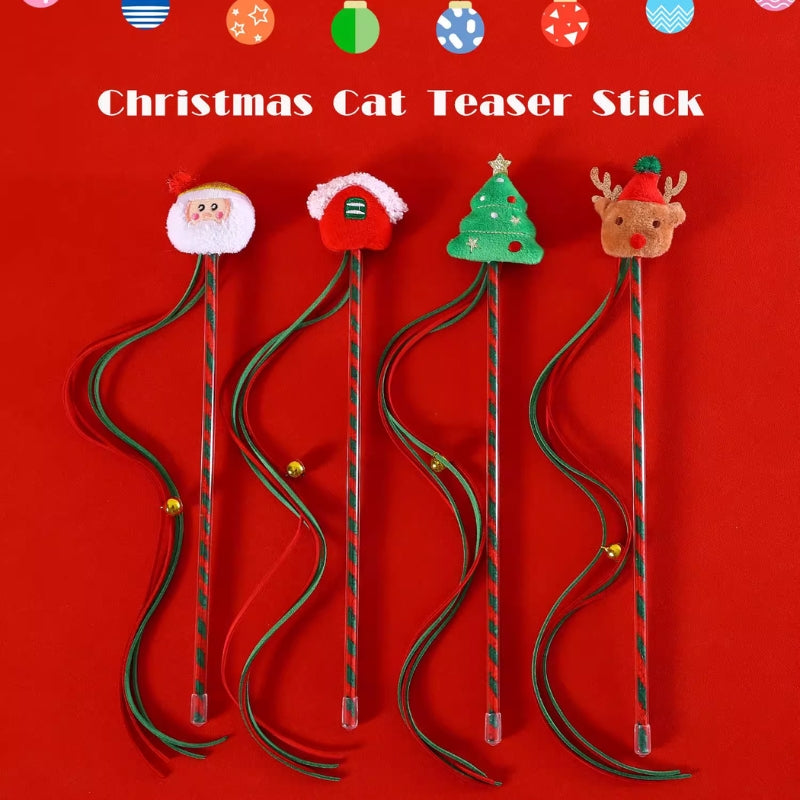 Christmas Cat Teaser Wand – Interactive Plush Toy with Jingle Sound & Festive Reindeer Design