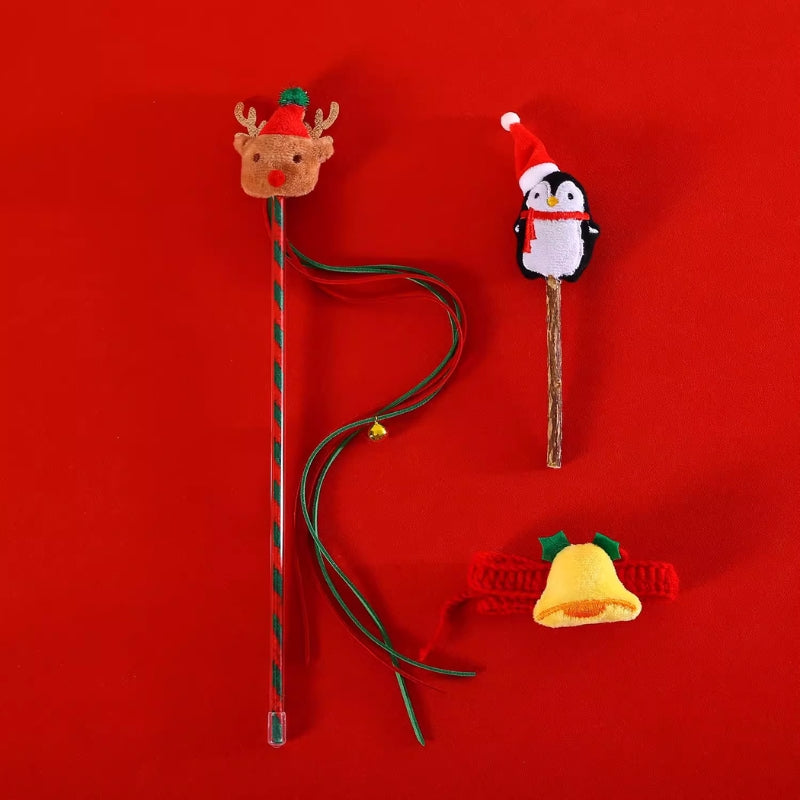 Christmas Cat Teaser Wand – Interactive Plush Toy with Jingle Sound & Festive Reindeer Design