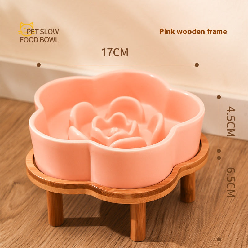 Ceramic Slow Food Bowl anti-choke cat food bowl prevent black chin small dog cat neck protection with wooden frame slow food bowl