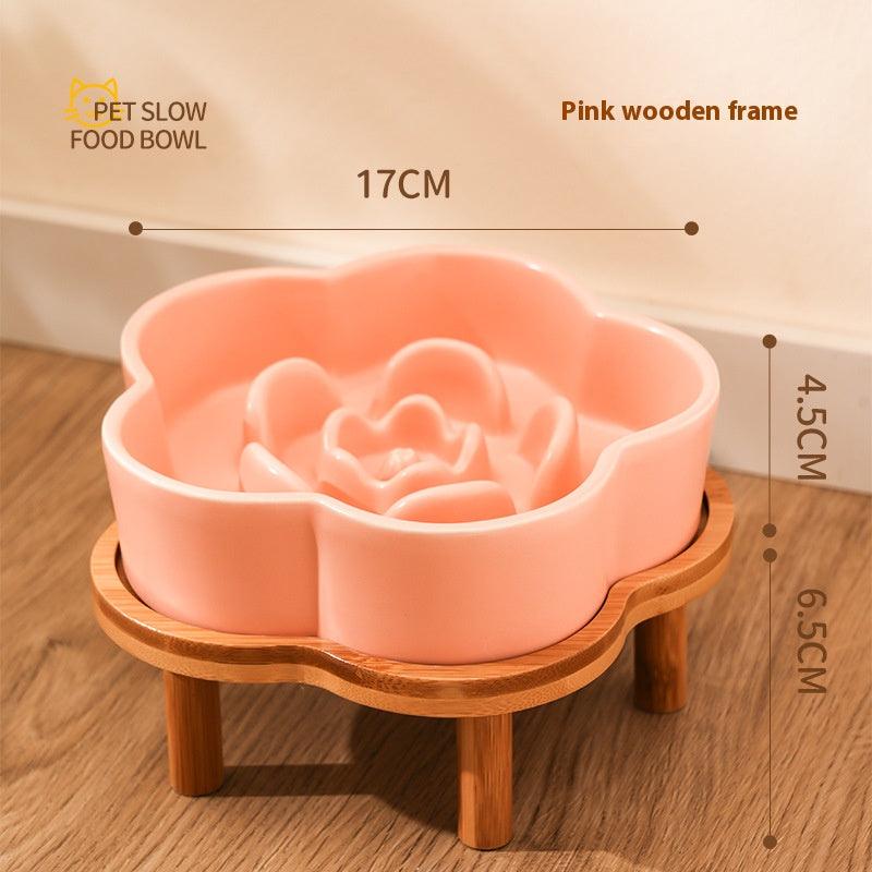 Ceramic Slow Food Bowl anti-choke cat food bowl prevent black chin small dog cat neck protection with wooden frame slow food bowl - NoKa&AuroraStone