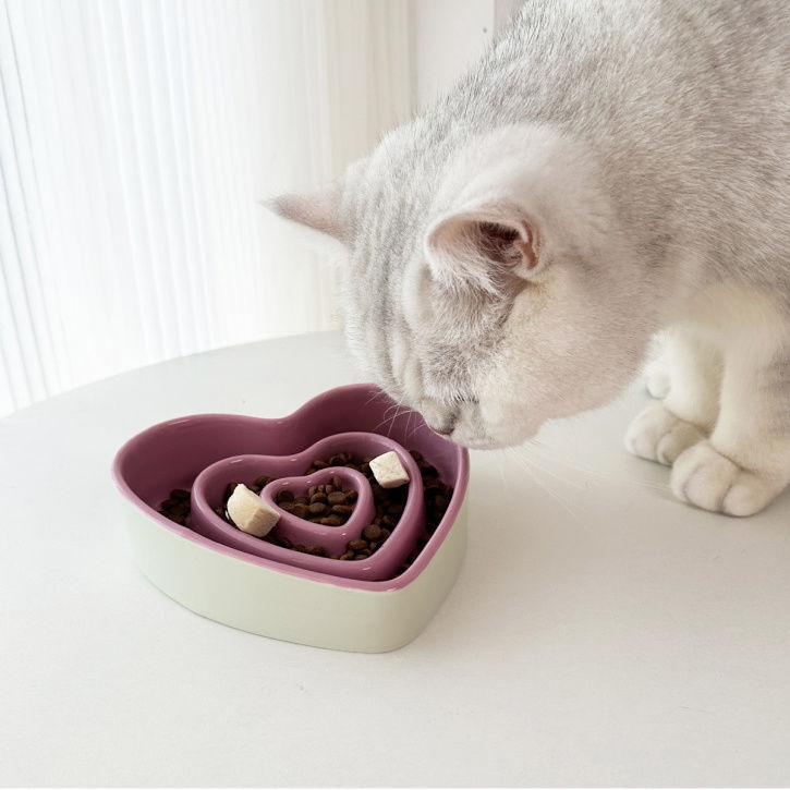 Ceramic heart-shaped slow food bowl, ceramic cat rice bowl, cute dog slow food, anti choking pet bowl - NoKa&AuroraStone
