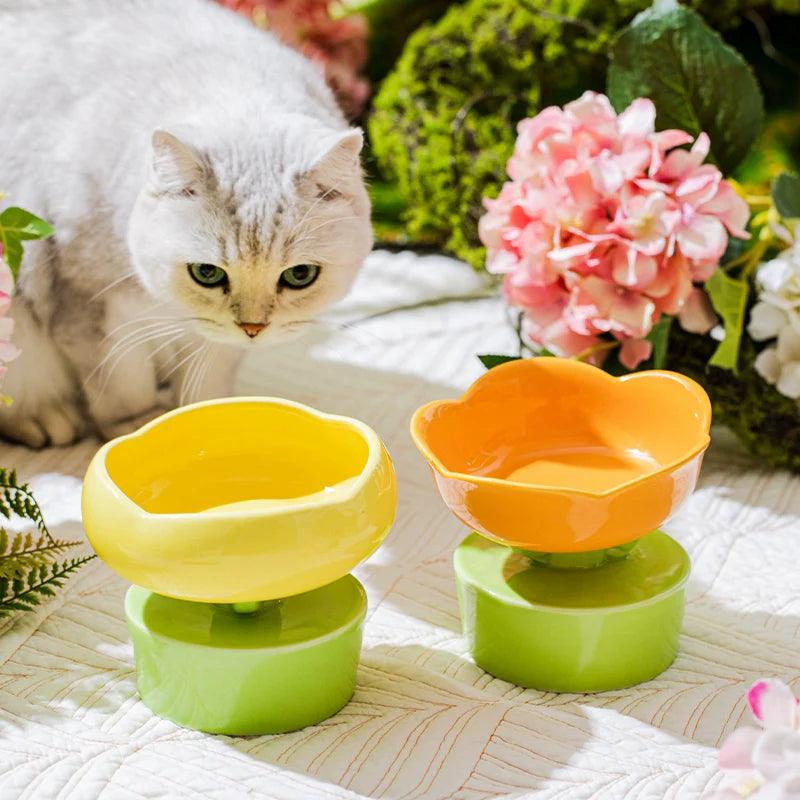 Flower Cat Bowl Ceramic High Foot Cat Food Basin Cat Drinking Bowl Dog Water Bowl Anti-knock - NoKa&AuroraStone
