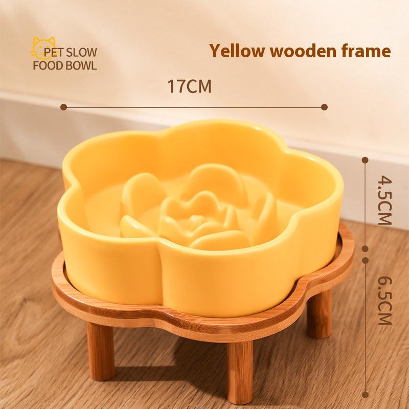Ceramic Slow Food Bowl anti-choke cat food bowl prevent black chin small dog cat neck protection with wooden frame slow food bowl - NoKa&AuroraStone