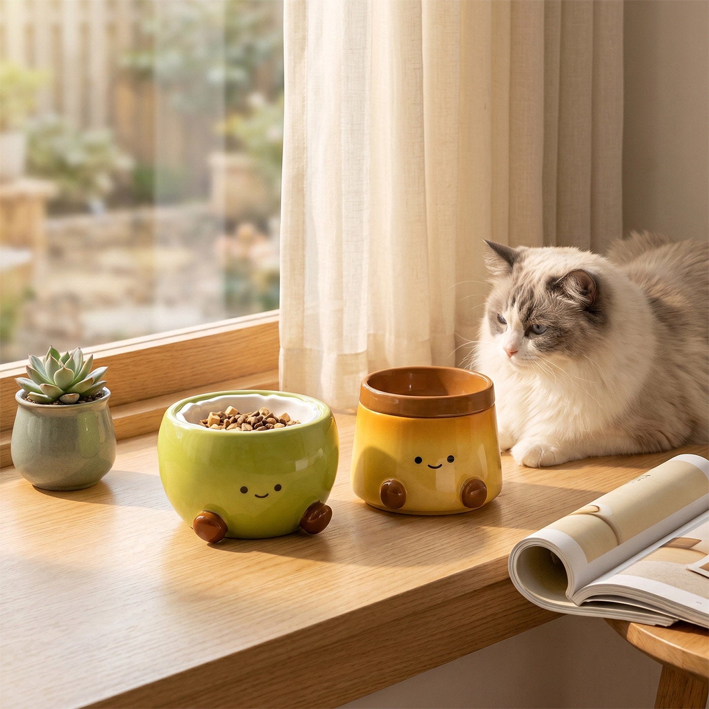 Elevated Ceramic Pet Bowl – Anti-Vomit Tilted Design for Small Dogs & Cats