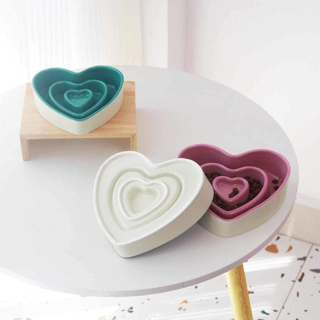 Ceramic heart-shaped slow food bowl, ceramic cat rice bowl, cute dog slow food, anti choking pet bowl - NoKa&AuroraStone