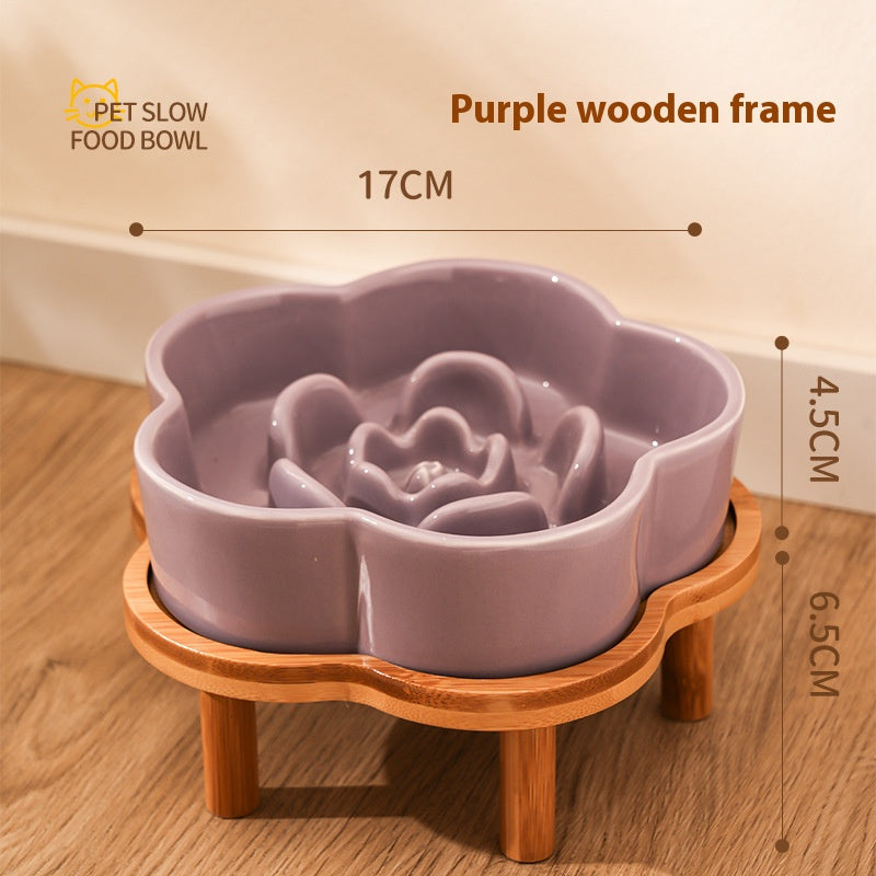 Ceramic Slow Food Bowl anti-choke cat food bowl prevent black chin small dog cat neck protection with wooden frame slow food bowl