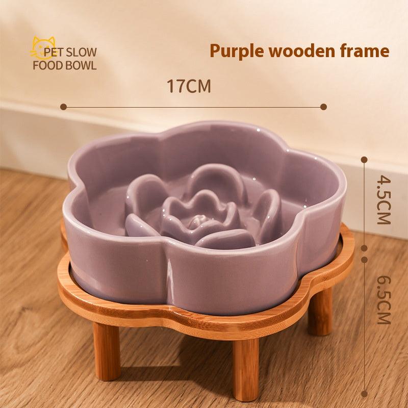 Ceramic Slow Food Bowl anti-choke cat food bowl prevent black chin small dog cat neck protection with wooden frame slow food bowl - NoKa&AuroraStone