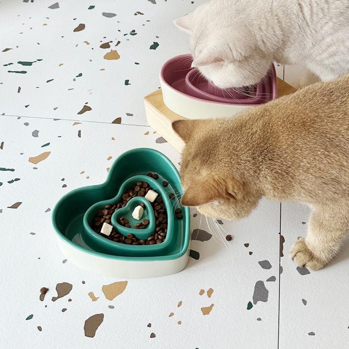 Ceramic heart-shaped slow food bowl, ceramic cat rice bowl, cute dog slow food, anti choking pet bowl - NoKa&AuroraStone