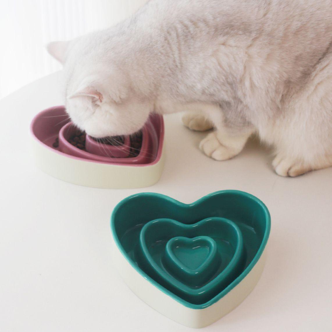 Ceramic heart-shaped slow food bowl, ceramic cat rice bowl, cute dog slow food, anti choking pet bowl - NoKa&AuroraStone