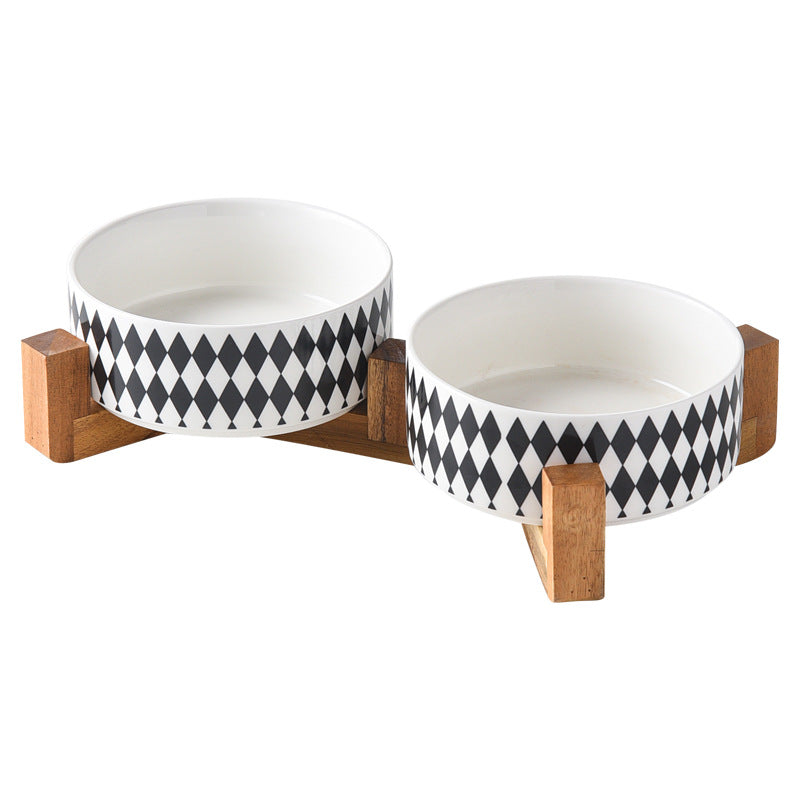 Stylish Ceramic Pet Bowl on Wooden Stand – Modern Line Design