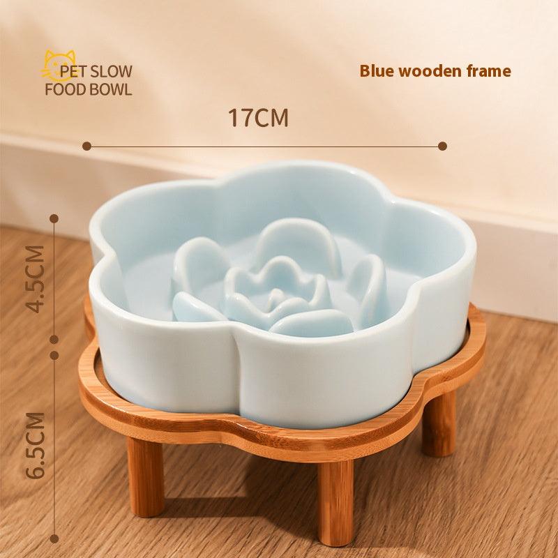Ceramic Slow Food Bowl anti-choke cat food bowl prevent black chin small dog cat neck protection with wooden frame slow food bowl - NoKa&AuroraStone
