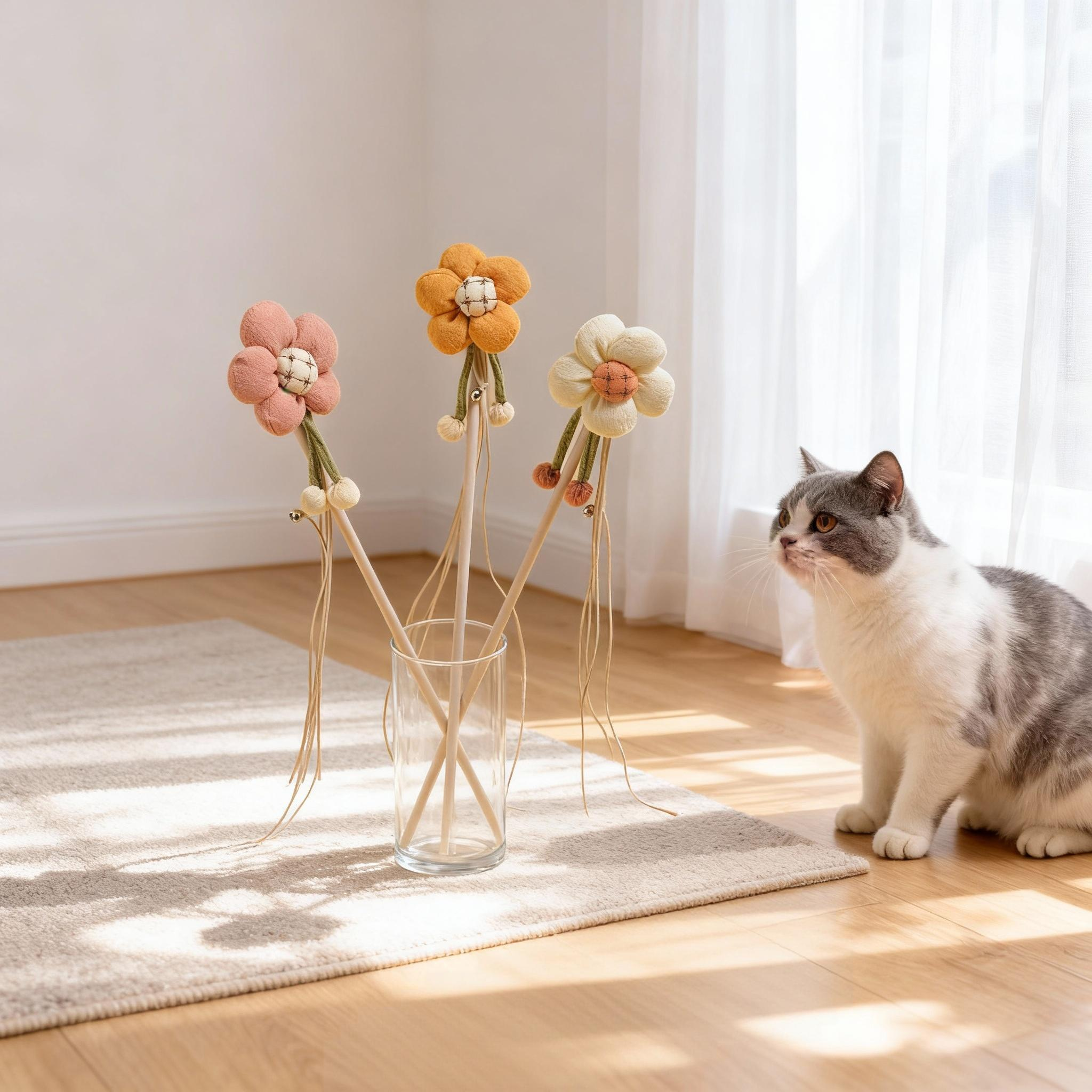 Leather Tassel Cat Teaser Wand with Bell – Wooden Handle Interactive Cat Toy